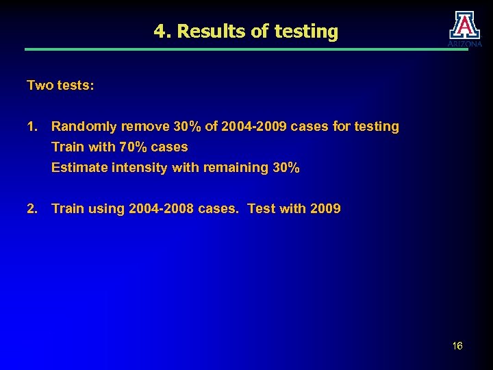 4. Results of testing Two tests: 1. Randomly remove 30% of 2004 -2009 cases