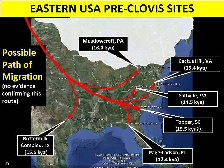 EASTERN USA PRE-CLOVIS SITES Possible Path of Migration (no evidence confirming this route) Meadowcroft,