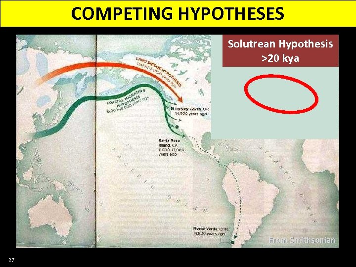 COMPETING HYPOTHESES Solutrean Hypothesis >20 kya From Smithsonian 27 