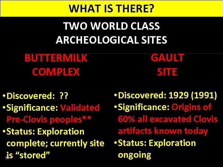 WHAT IS THERE? TWO WORLD CLASS ARCHEOLOGICAL SITES BUTTERMILK COMPLEX GAULT SITE • Discovered: