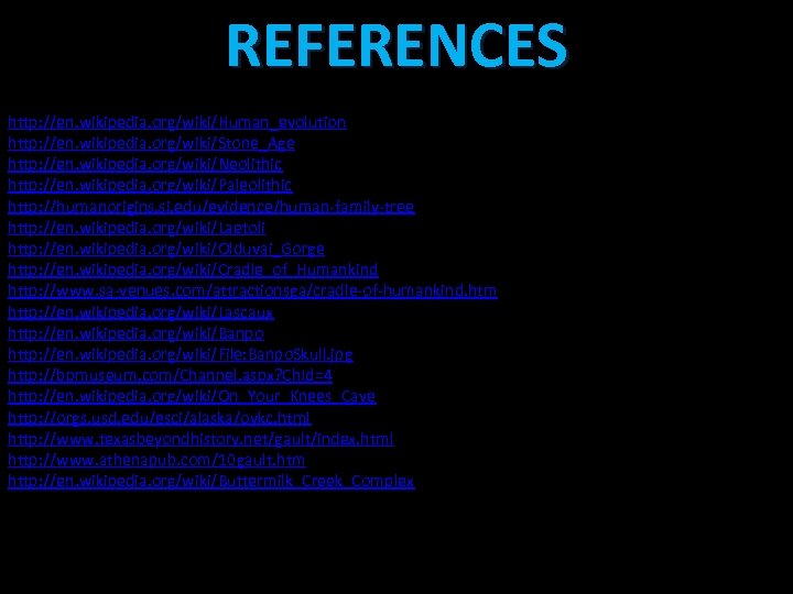 REFERENCES http: //en. wikipedia. org/wiki/Human_evolution http: //en. wikipedia. org/wiki/Stone_Age http: //en. wikipedia. org/wiki/Neolithic http: