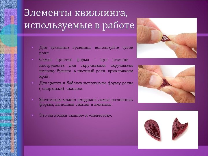 Элементы квиллинга, используемые в работе • • • Для туловища гусеницы используйте тугой ролл.