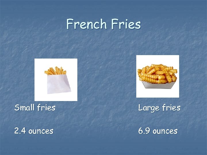 French Fries Small fries Large fries 2. 4 ounces 6. 9 ounces 