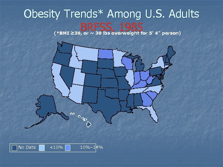 Obesity Trends* Among U. S. Adults BRFSS, 1985 (*BMI ≥ 30, or ~ 30