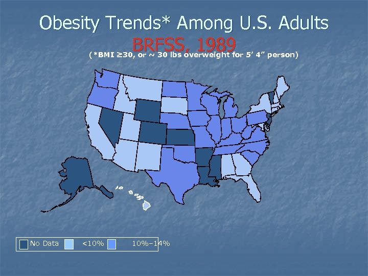 Obesity Trends* Among U. S. Adults BRFSS, 1989 (*BMI ≥ 30, or ~ 30