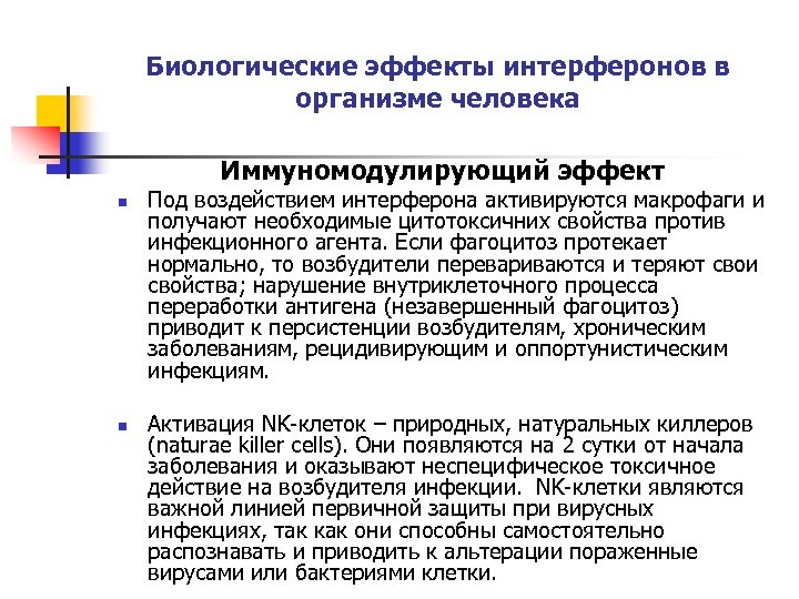 Биологические эффекты интерферонов в организме человека Иммуномодулирующий эффект n n Под воздействием интерферона активируются
