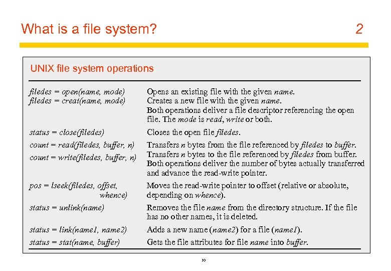 What is a file system? 2 UNIX file system operations filedes = open(name, mode)