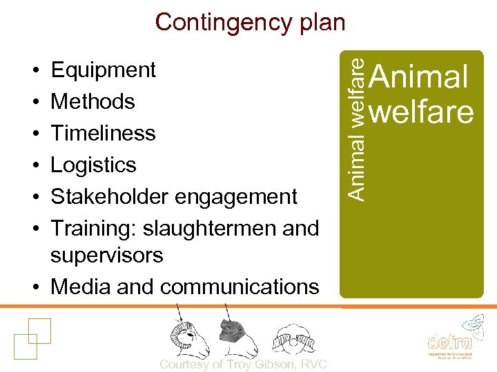  • • • Equipment Methods Timeliness Logistics Stakeholder engagement Training: slaughtermen and supervisors