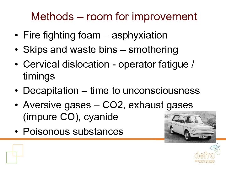 Methods – room for improvement • Fire fighting foam – asphyxiation • Skips and