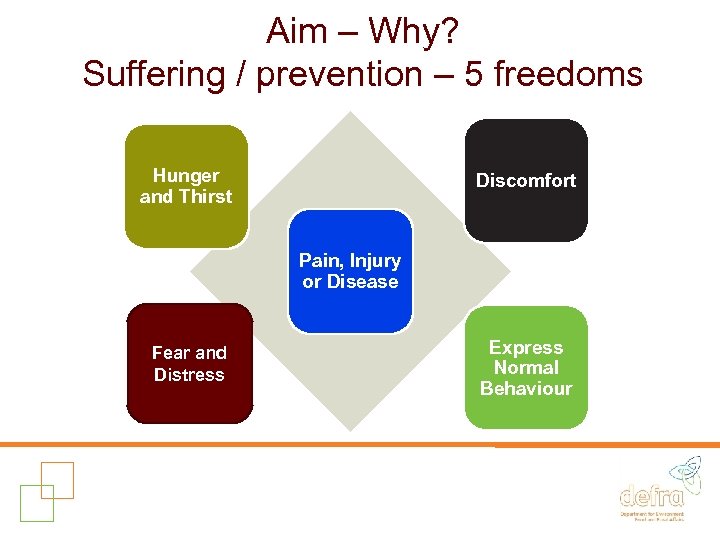 Aim – Why? Suffering / prevention – 5 freedoms Hunger and Thirst Discomfort Pain,