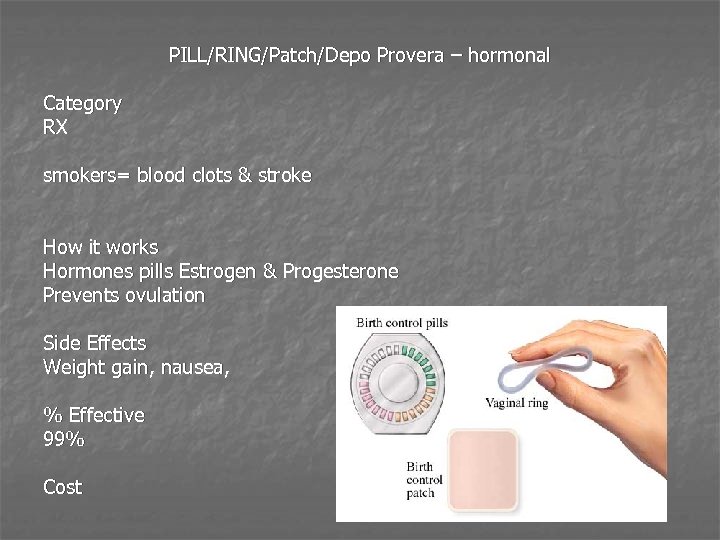PILL/RING/Patch/Depo Provera – hormonal Category RX smokers= blood clots & stroke How it works