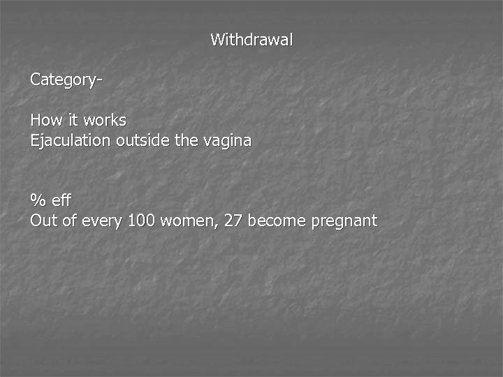 Withdrawal Category- How it works Ejaculation outside the vagina % eff Out of every