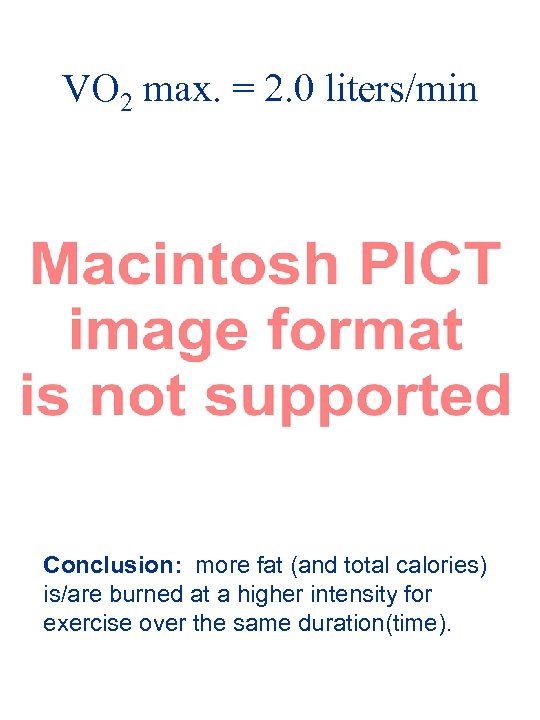 VO 2 max. = 2. 0 liters/min Conclusion: more fat (and total calories) is/are