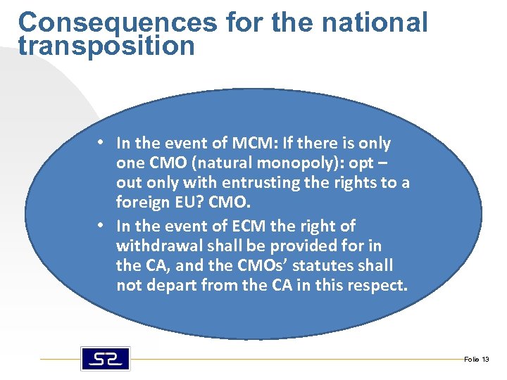 Consequences for the national transposition • In the event of MCM: If there is