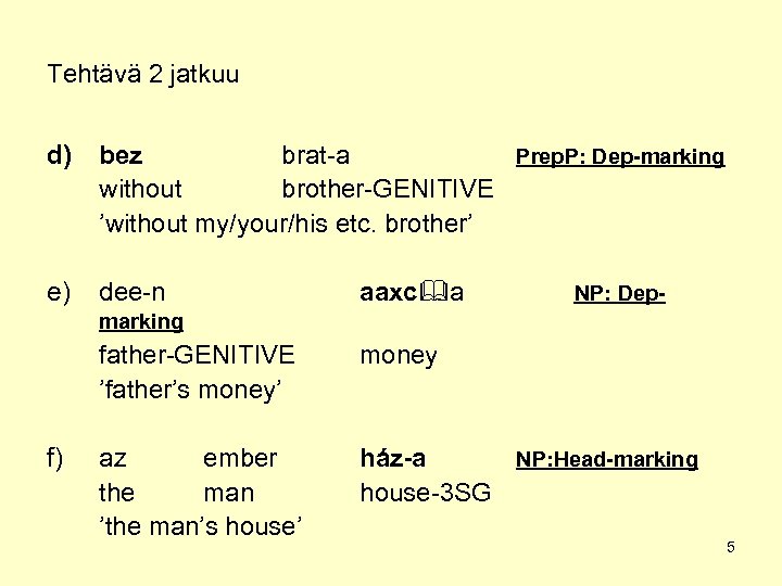 Tehtävä 2 jatkuu d) bez brat-a Prep. P: Dep-marking without brother-GENITIVE ’without my/your/his etc.
