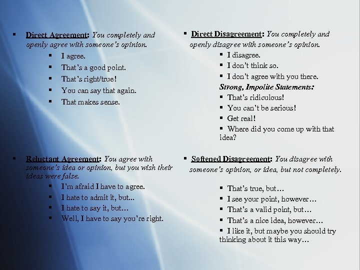 § Direct Agreement: You completely and openly agree with someone’s opinion. § I agree.