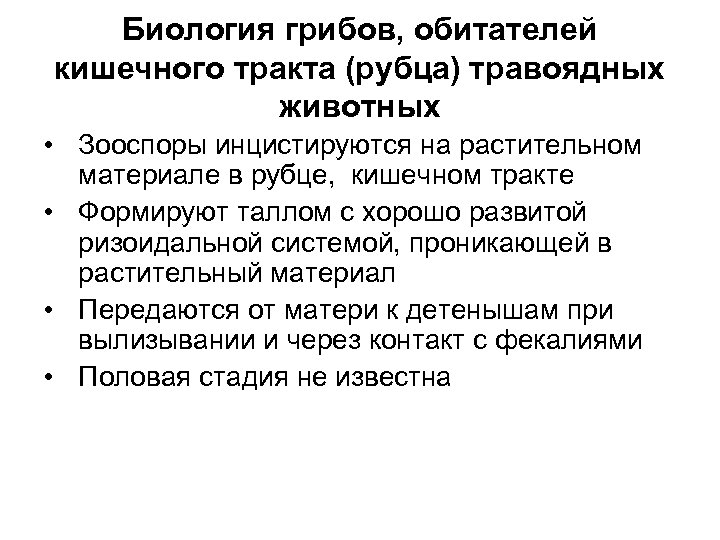 Биология грибов, обитателей кишечного тракта (рубца) травоядных животных • Зооспоры инцистируются на растительном материале