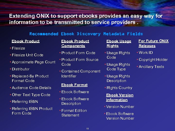Extending ONIX to support ebooks provides an easy way for information to be transmitted