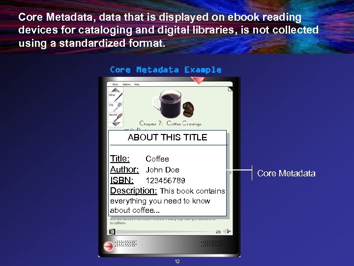 Core Metadata, data that is displayed on ebook reading devices for cataloging and digital