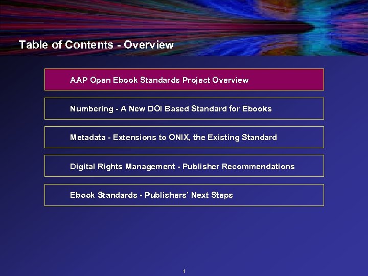 Table of Contents - Overview AAP Open Ebook Standards Project Overview Numbering - A
