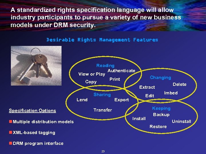 A standardized rights specification language will allow industry participants to pursue a variety of
