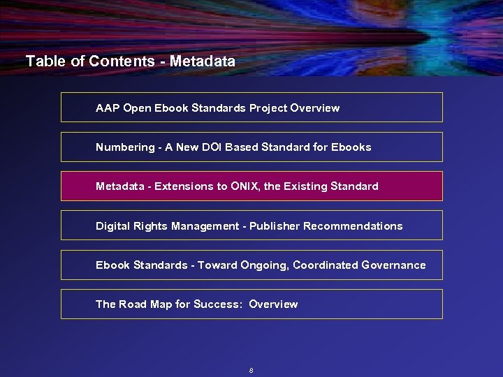 Table of Contents - Metadata AAP Open Ebook Standards Project Overview Numbering - A