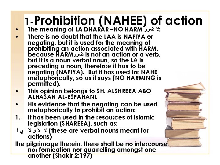 • • 1 -Prohibition (NAHEE) of action The meaning of LA DHARAR –NO
