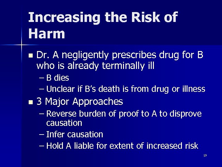 Increasing the Risk of Harm n Dr. A negligently prescribes drug for B who