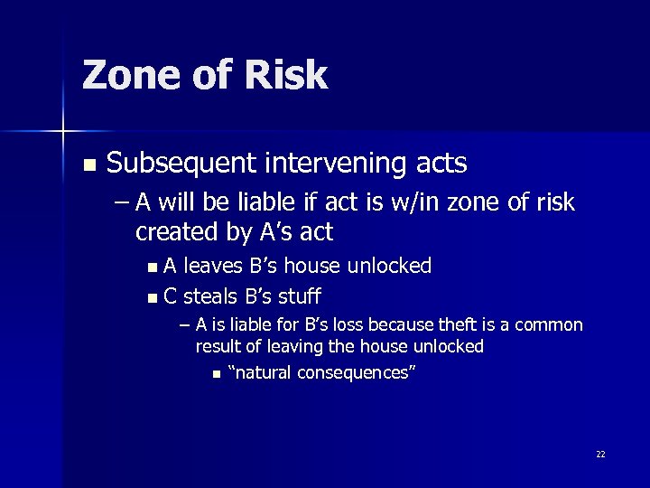 Zone of Risk n Subsequent intervening acts – A will be liable if act