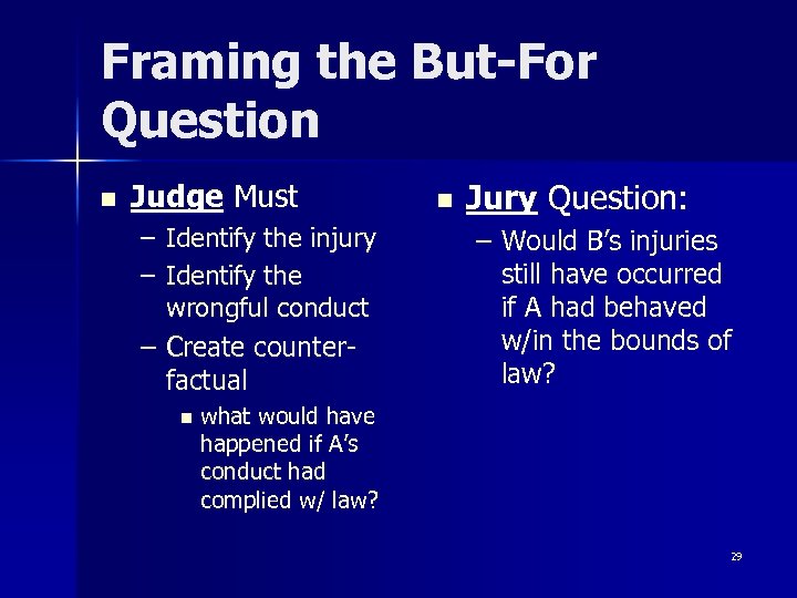 Framing the But-For Question n Judge Must – Identify the injury – Identify the