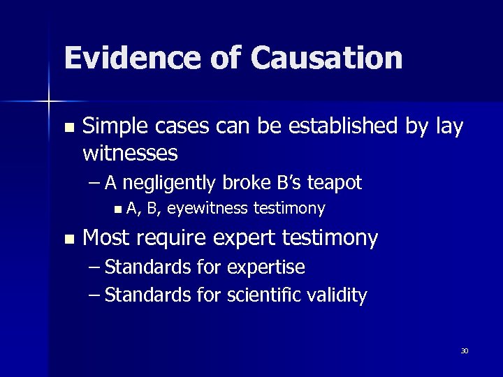 Evidence of Causation n Simple cases can be established by lay witnesses – A