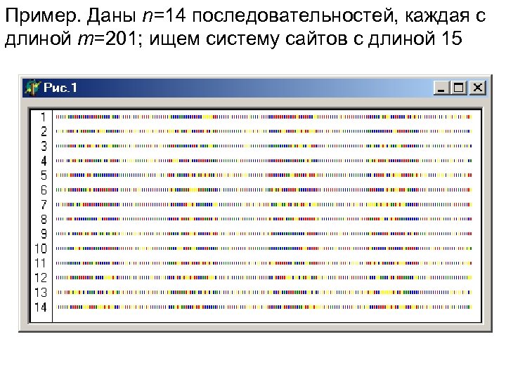 Пример. Даны n=14 последовательностей, каждая с длиной m=201; ищем систему сайтов с длиной 15