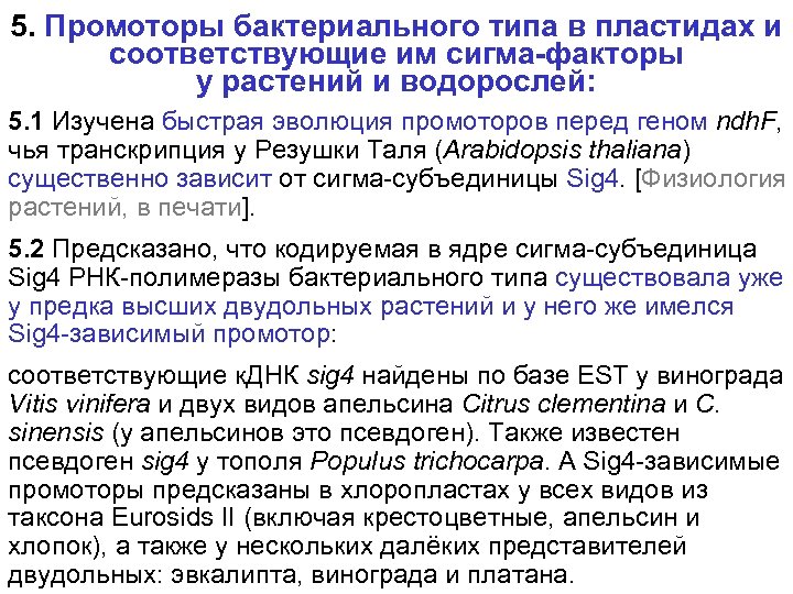 5. Промоторы бактериального типа в пластидах и соответствующие им сигма-факторы у растений и водорослей:
