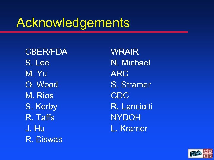 Acknowledgements CBER/FDA S. Lee M. Yu O. Wood M. Rios S. Kerby R. Taffs