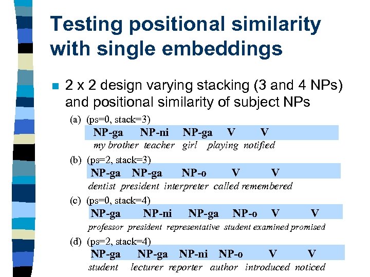 Testing positional similarity with single embeddings n 2 x 2 design varying stacking (3