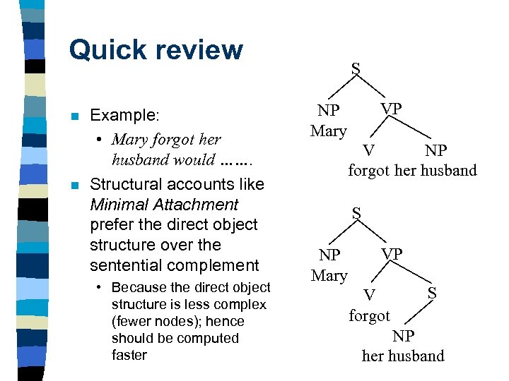 Quick review n n Example: • Mary forgot her husband would ……. Structural accounts