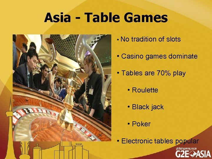 Asia - Table Games • No tradition of slots • Casino games dominate •