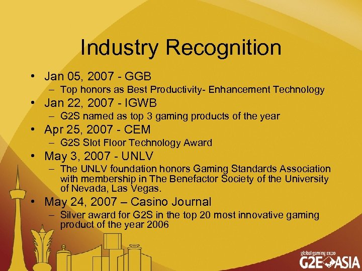 Industry Recognition • Jan 05, 2007 - GGB – Top honors as Best Productivity-