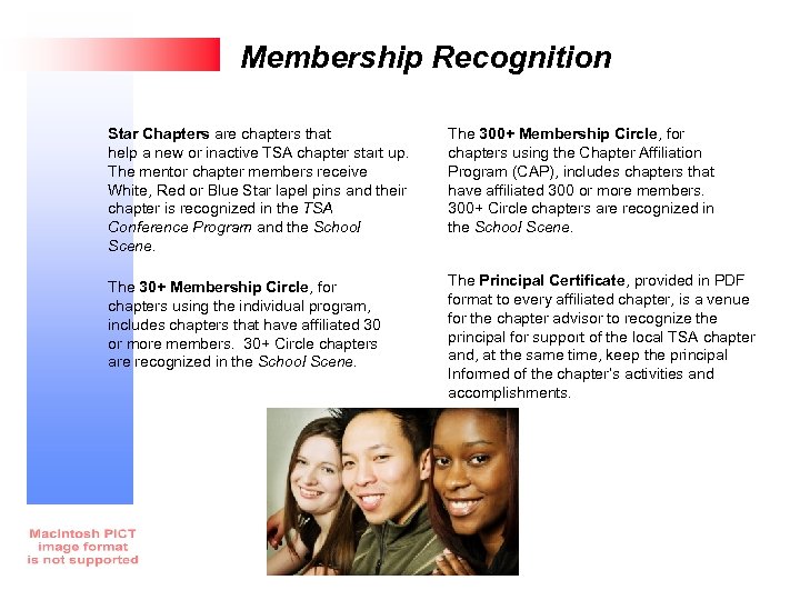 Membership Recognition Star Chapters are chapters that help a new or inactive TSA chapter