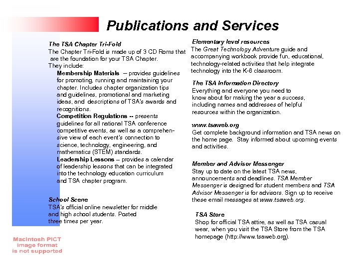 Publications and Services Elementary level resources The TSA Chapter Tri-Fold The Chapter Tri-Fold is