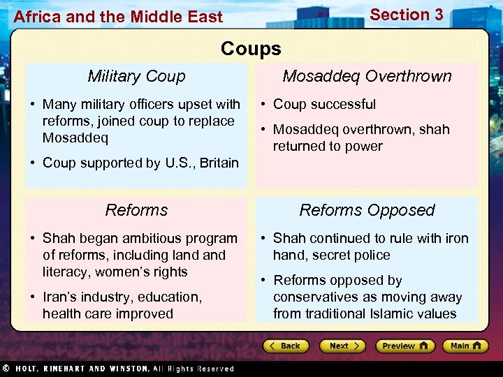 Section 3 Africa and the Middle East Coups Military Coup • Many military officers