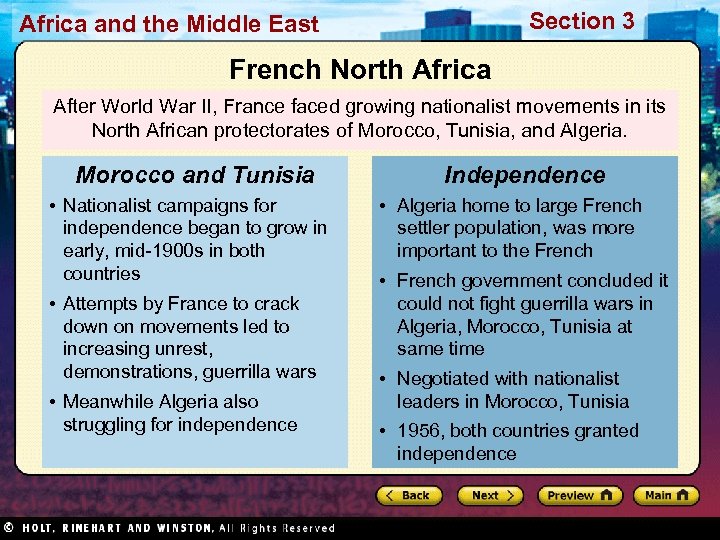 Section 3 Africa and the Middle East French North Africa After World War II,