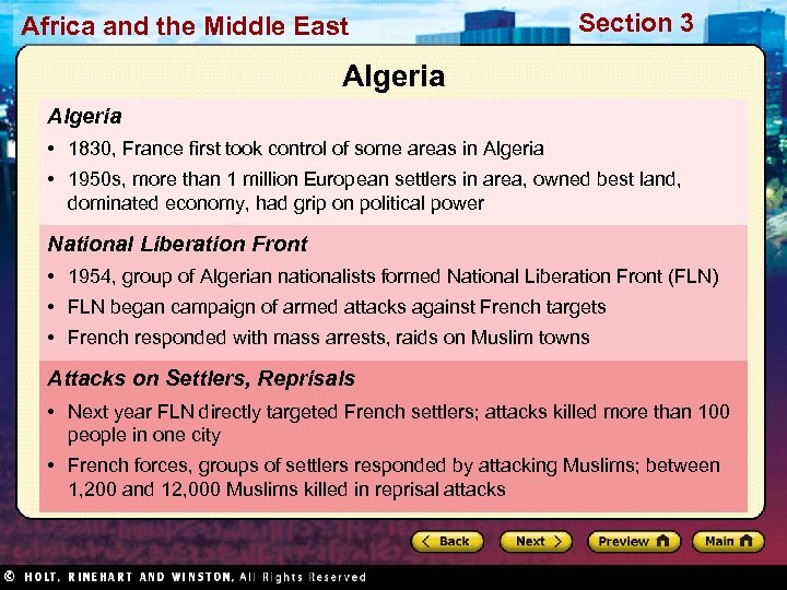 Africa and the Middle East Section 3 Algeria • 1830, France first took control