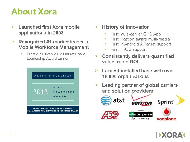 About Xora > Launched first Xora mobile applications in 2003 > Recognized #1 market