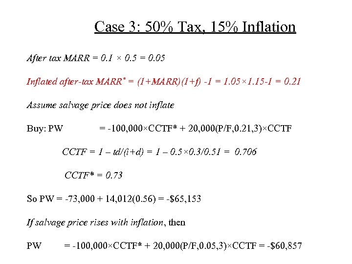 Case 3: 50% Tax, 15% Inflation After tax MARR = 0. 1 × 0.
