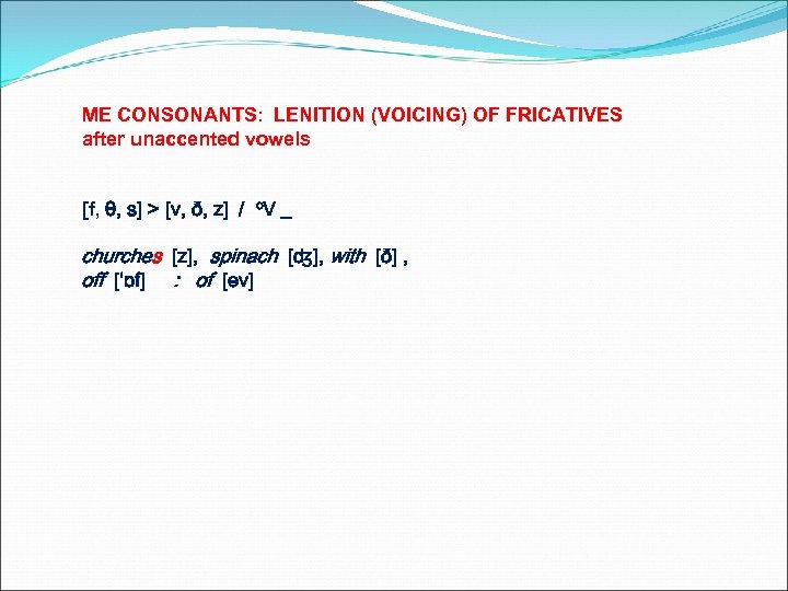 ME CONSONANTS: LENITION (VOICING) OF FRICATIVES after unaccented vowels [f, θ, s] > [v,