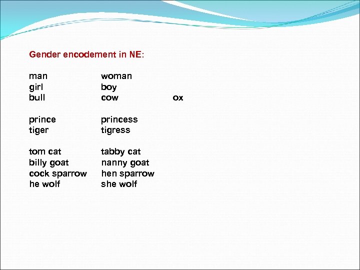 Gender encodement in NE: man girl bull woman boy cow prince tiger princess tigress