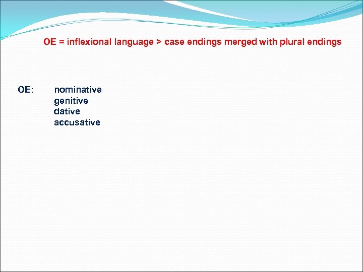 OE = inflexional language > case endings merged with plural endings OE: nominative genitive