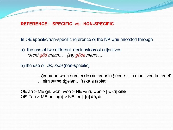 REFERENCE: SPECIFIC vs. NON-SPECIFIC In OE specific/non-specific reference of the NP was encoded through