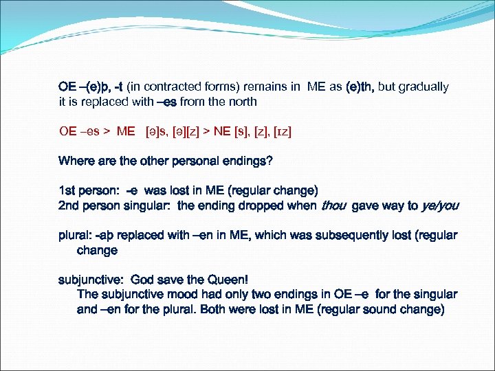 OE –(e)þ, -t (in contracted forms) remains in ME as (e)th, but gradually it